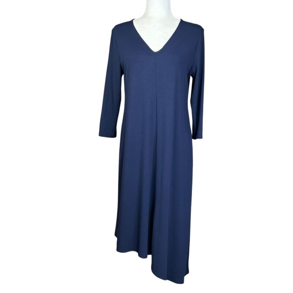 Eileen Fisher Minimalist Dress Med Navy Lagenlook V Neck Asymmetrical - Picture 2 of 11
